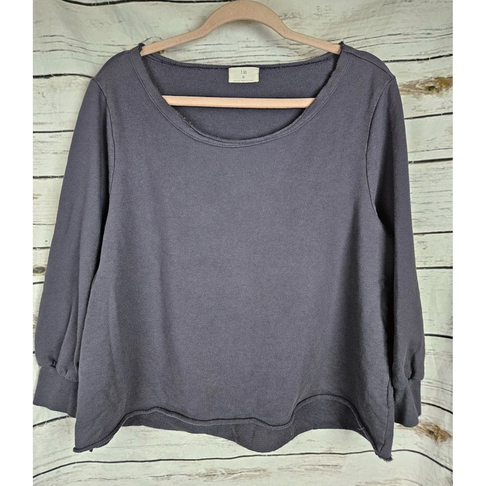 Anthropologie T.La Blue Gray Cropped Swing Top L Sweatshirt French Terry Knit